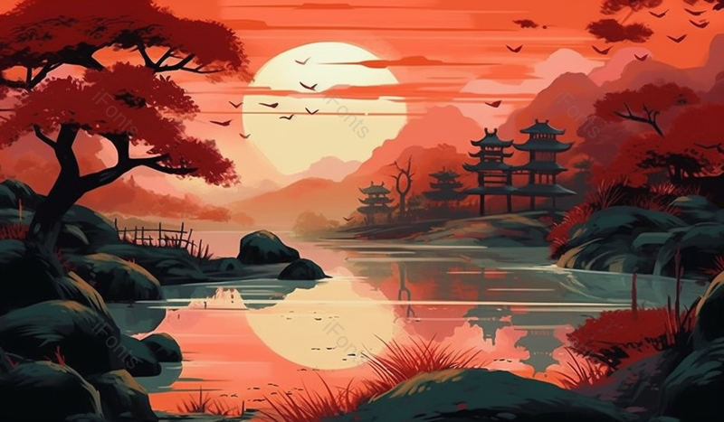 日出日落时分晚霞太阳倒映在平静的湖面上国潮插画,插画/手绘图,插画/手绘图库,插画/手绘图下载,插画/手绘